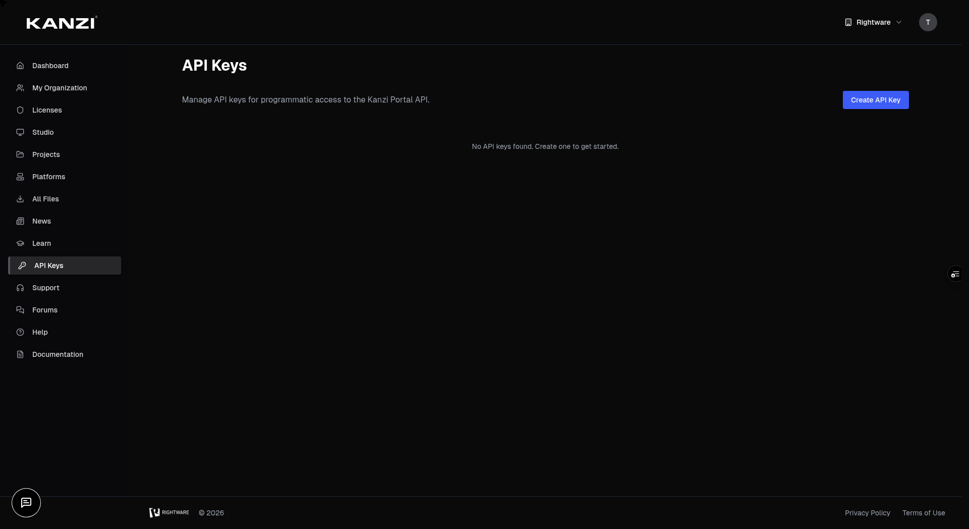 The API Keys page showing existing keys and the create button