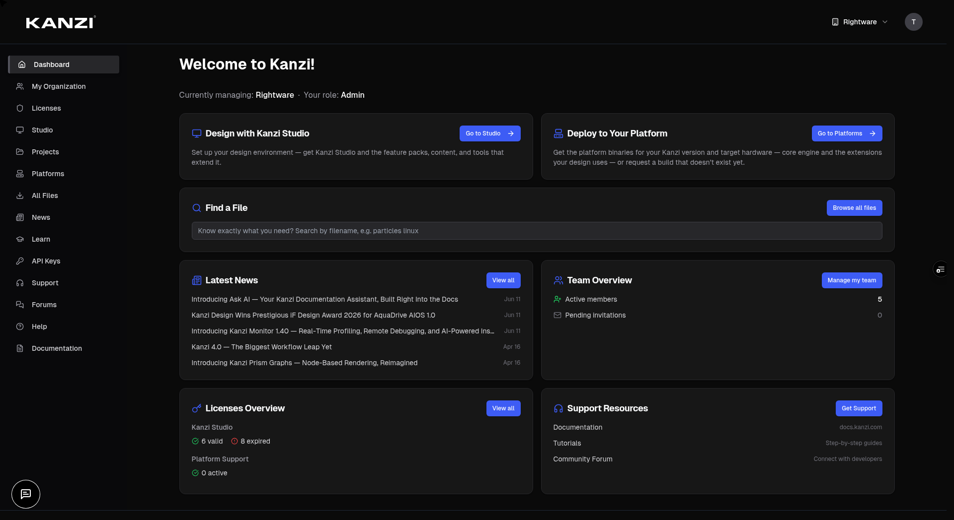 The Kanzi Portal dashboard after signing up