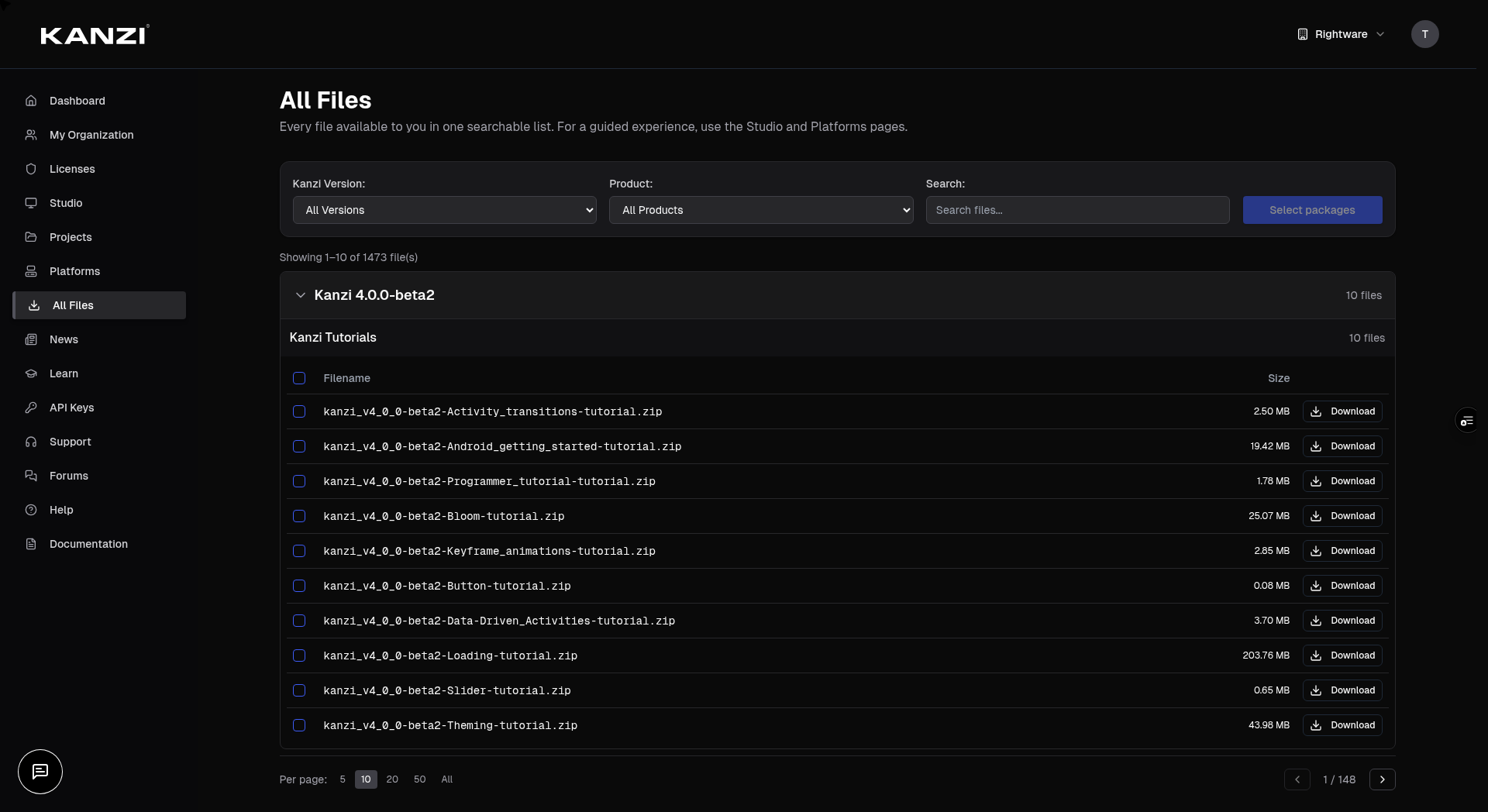 The All Files page with search and filters