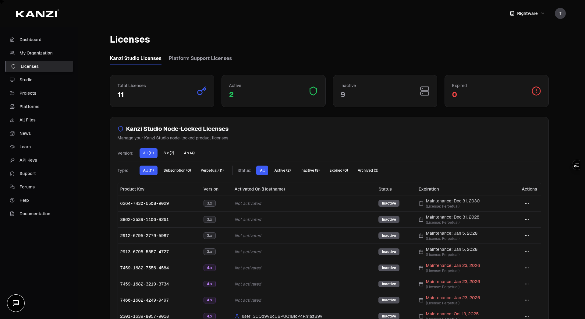 The Licenses page showing Studio and platform license tabs