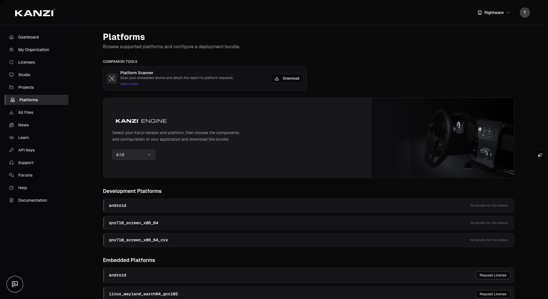 The Platforms page with hardware and OS browsers