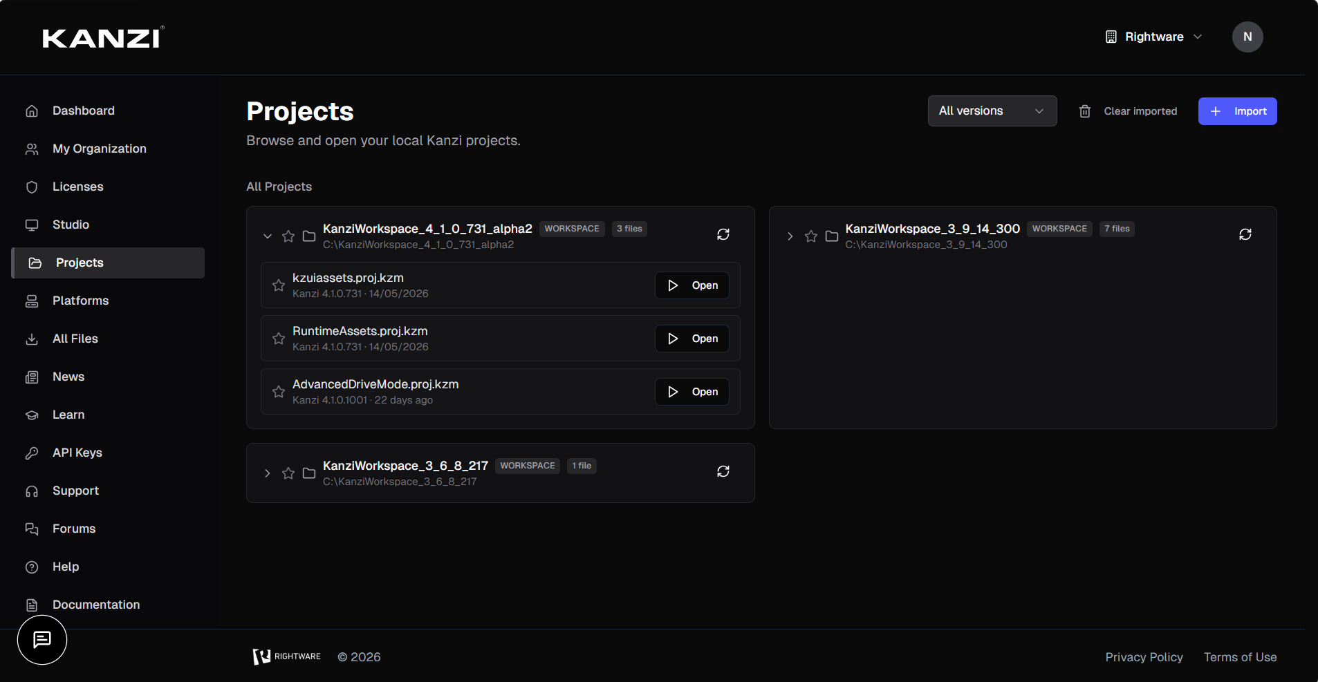 The Projects page showing local project cards