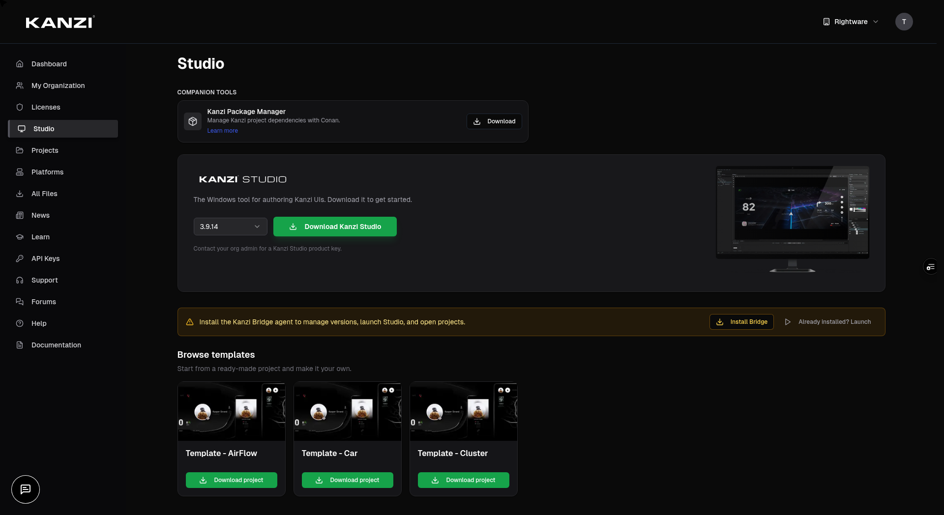 The Studio page showing available Kanzi versions