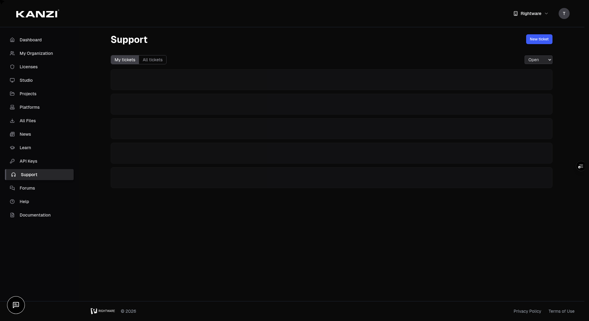The Support page with ticket list and new ticket button